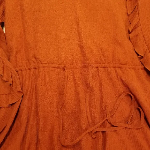 & Merci Woman SzL Romper Ruffle Long Sleeve Drawstring Waist V Neck Burnt Orange - Picture 9 of 13